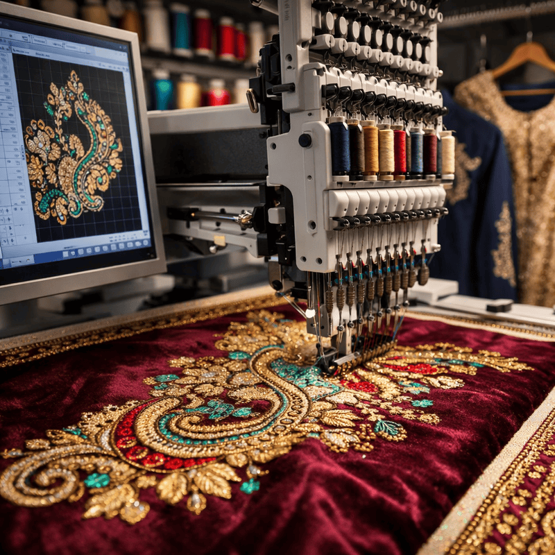 Machine embroidery process showing precise stitching and modern embroidery technique on fabric.