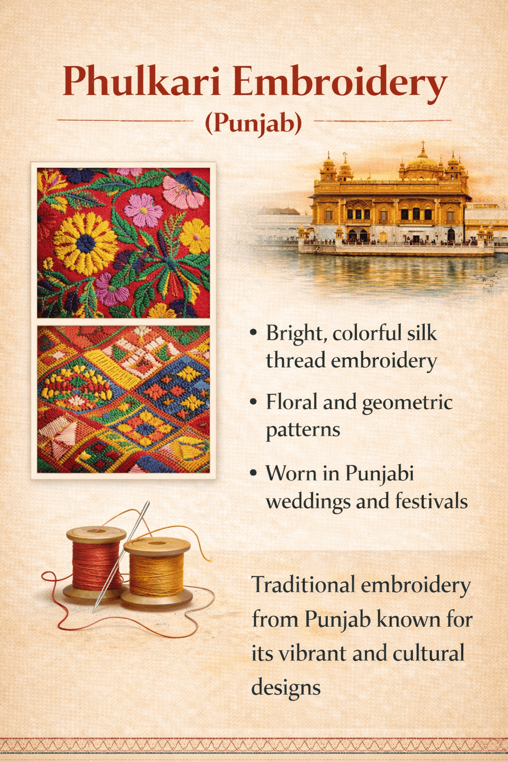 phulkari embroidery of Punjab featuring vibrant silk floral patterns 