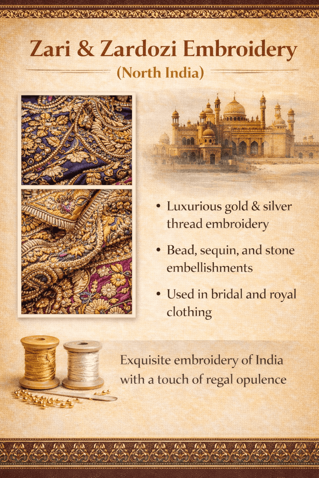 zari and zardozi embroidery with gold thread and bead embellishment 