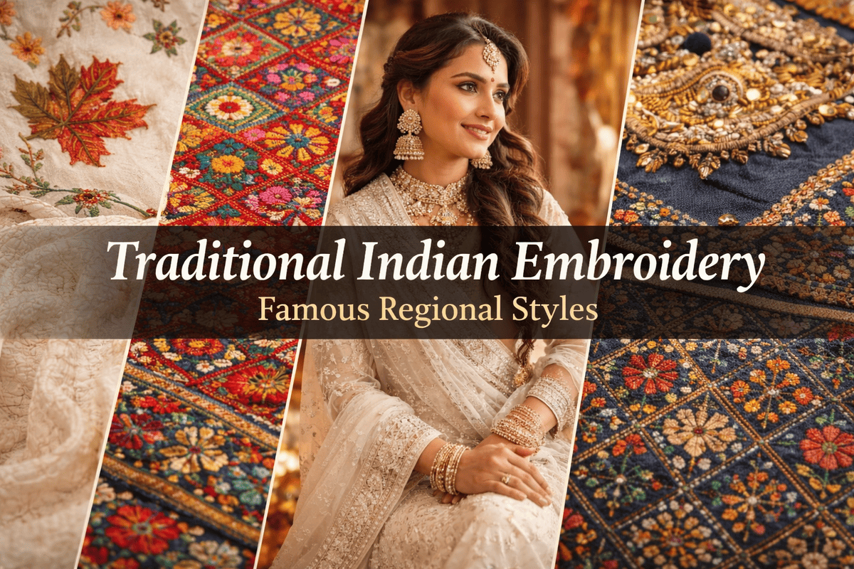 Traditional Indian embroidery showcasing detailed handcrafted patterns and cultural textile design.