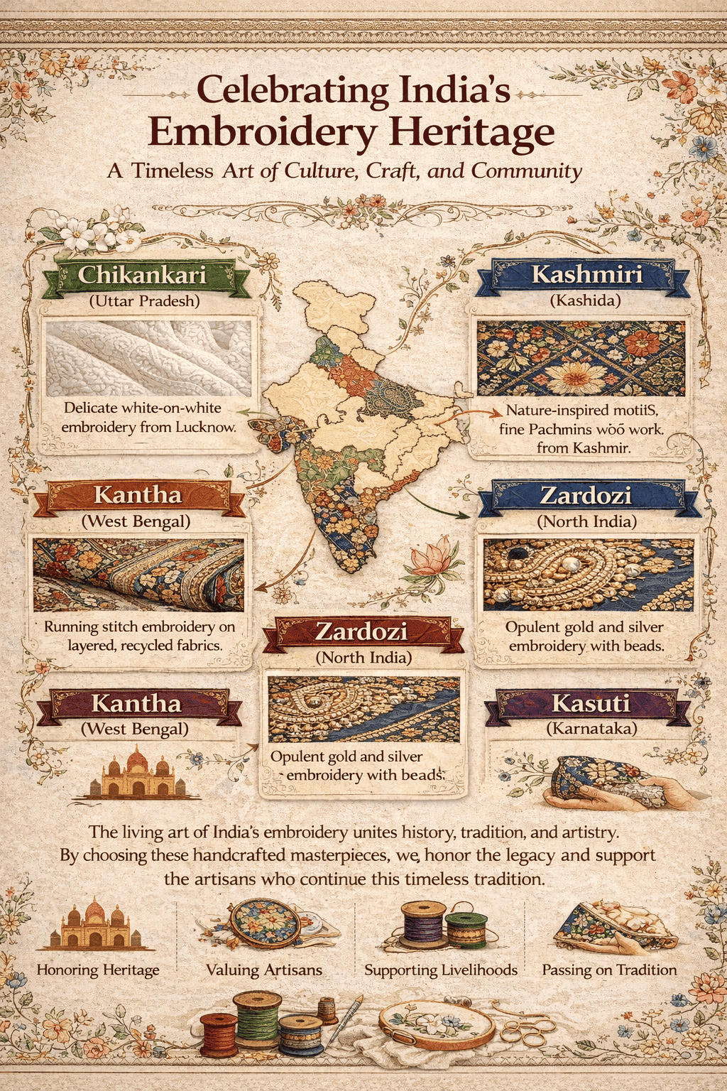 infographic summarizing traditional indian embroidery styles and cultural heritage 