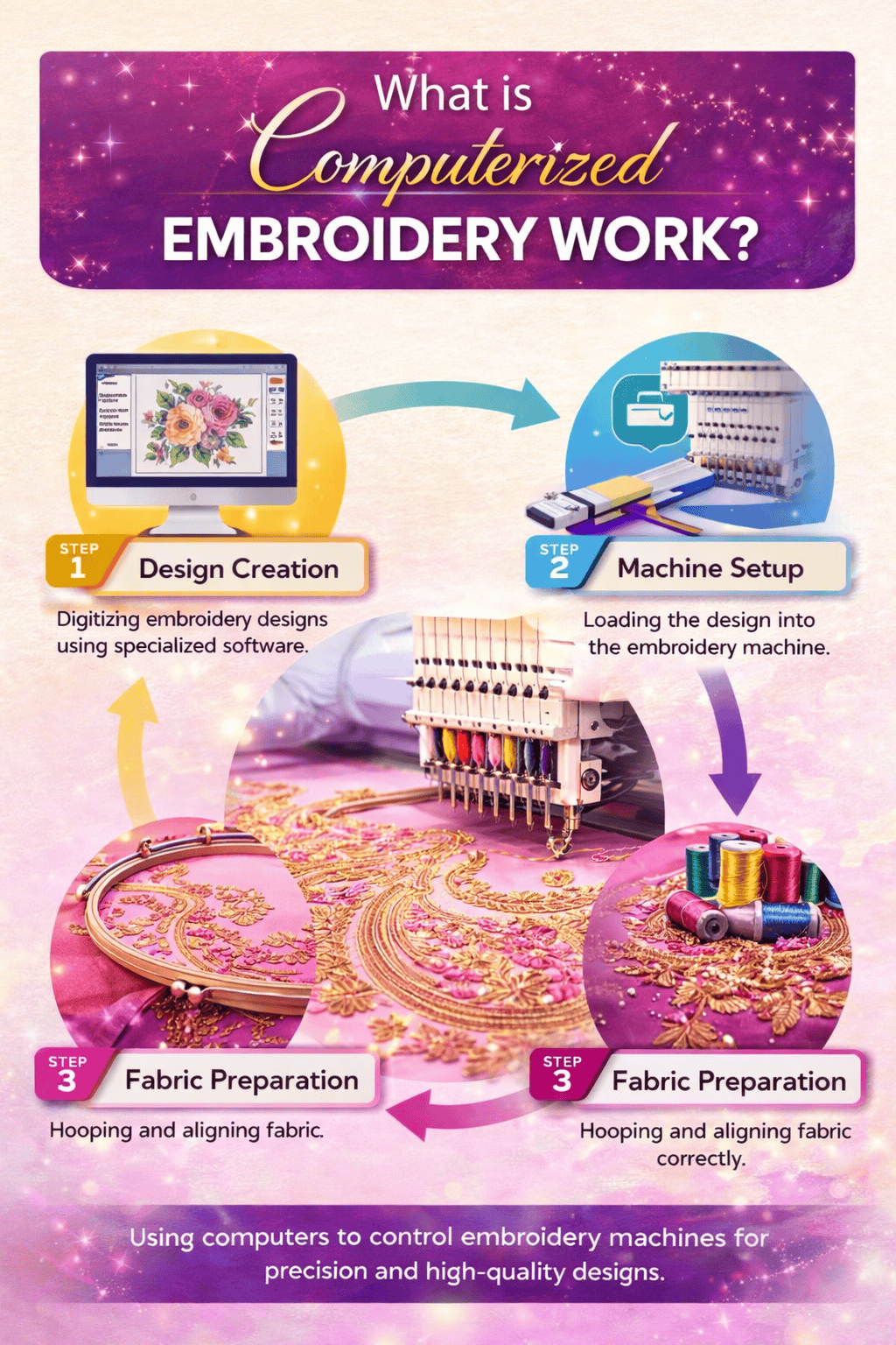 “Computerized embroidery process infographic showing design creation, machine setup, fabric preparation, and stitching.”