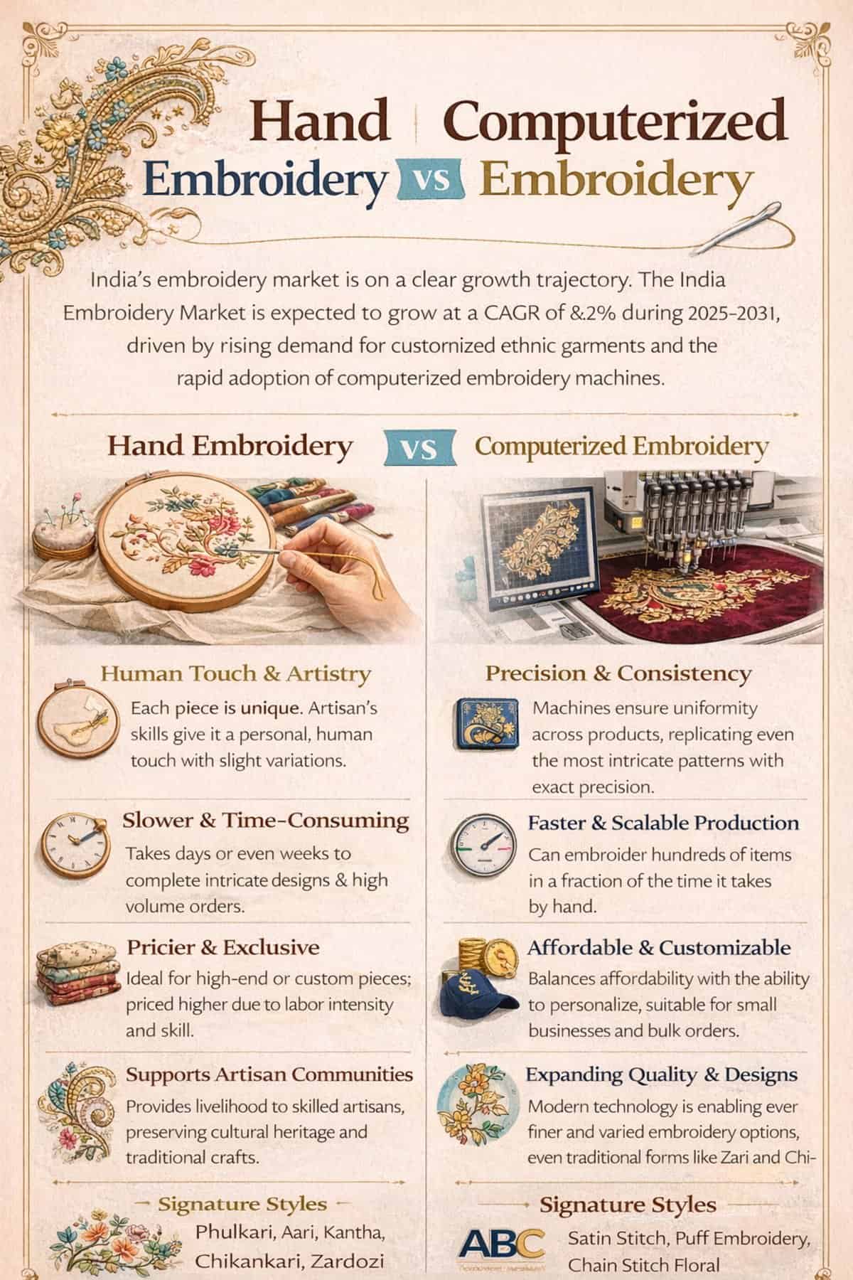 Difference between Hand Embroidery and Computerized Embroidery